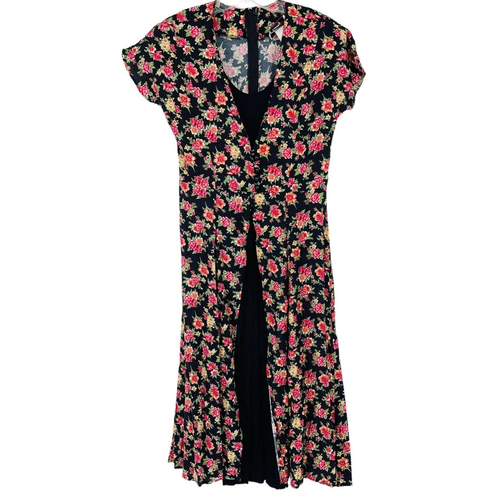 Vintage Tango Fashion Maxi Dress Black Flaora Short Sleeve Front Split Womens M